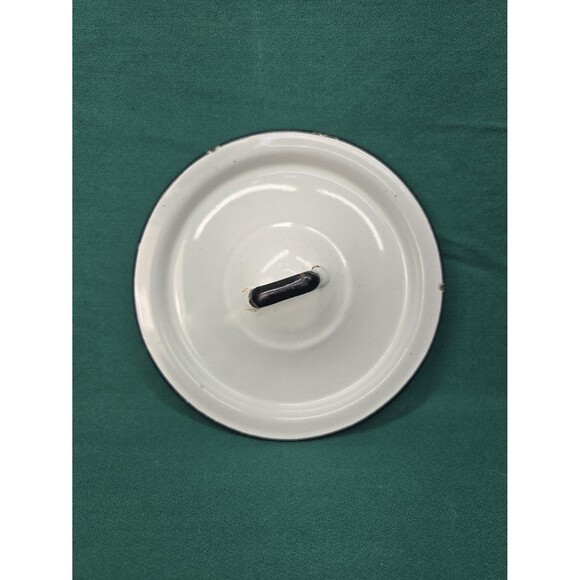 Vintage Enamelware White & Black Enamel 6" Pots Set of 3 with 1 Lid Sauce Soup - Picture 10 of 12